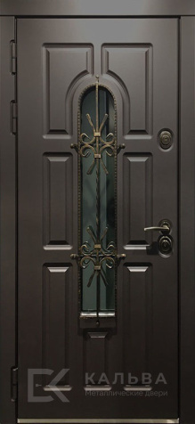 Фото №2 «Железная тёмная дверь для частного дома с ковкой и стеклом №3»